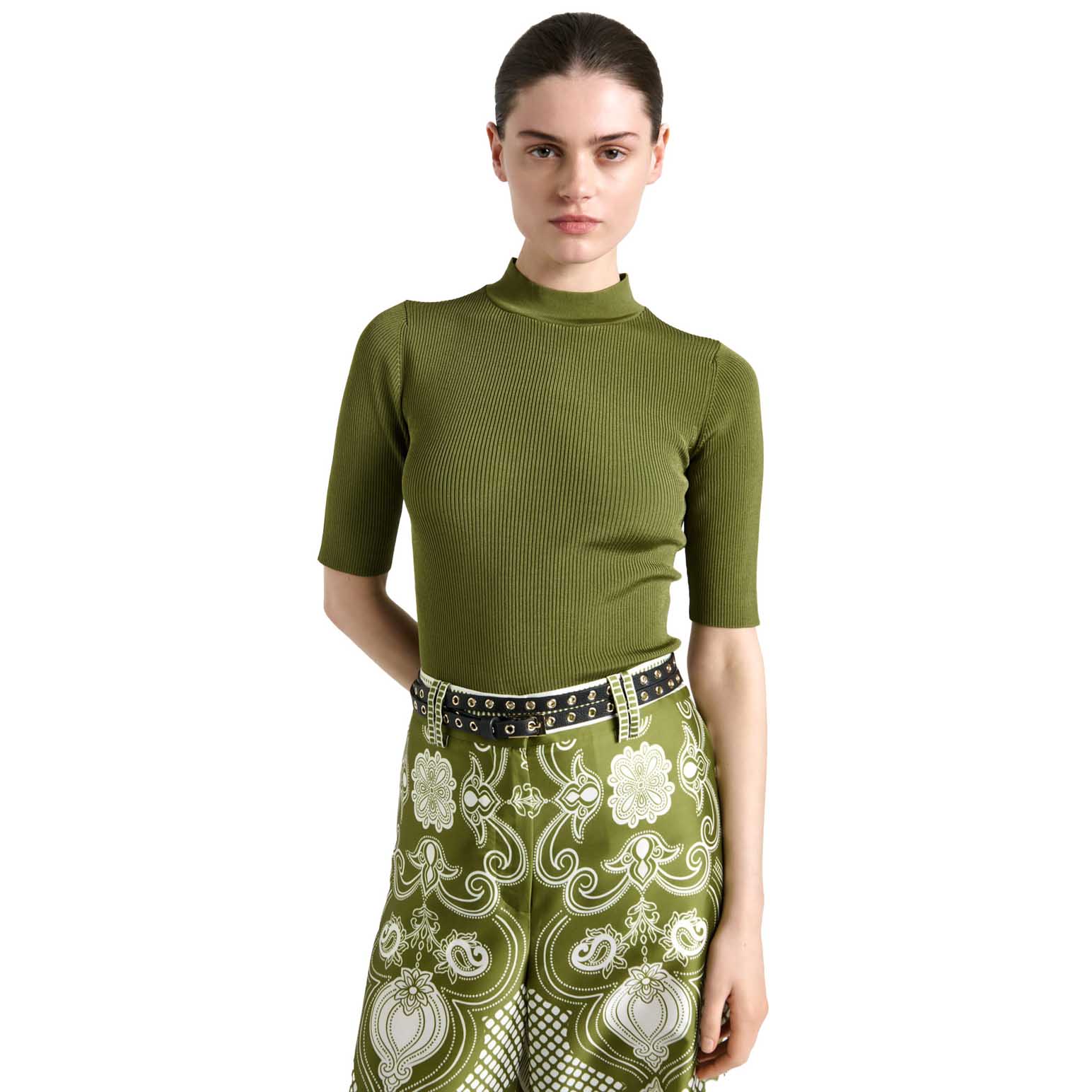 Cue Shiny Rib Elbow Sleeve Knit